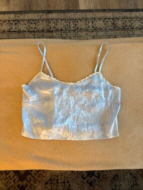 ROMWE Light Blue Satin Lace-Trim Cami Crop Top